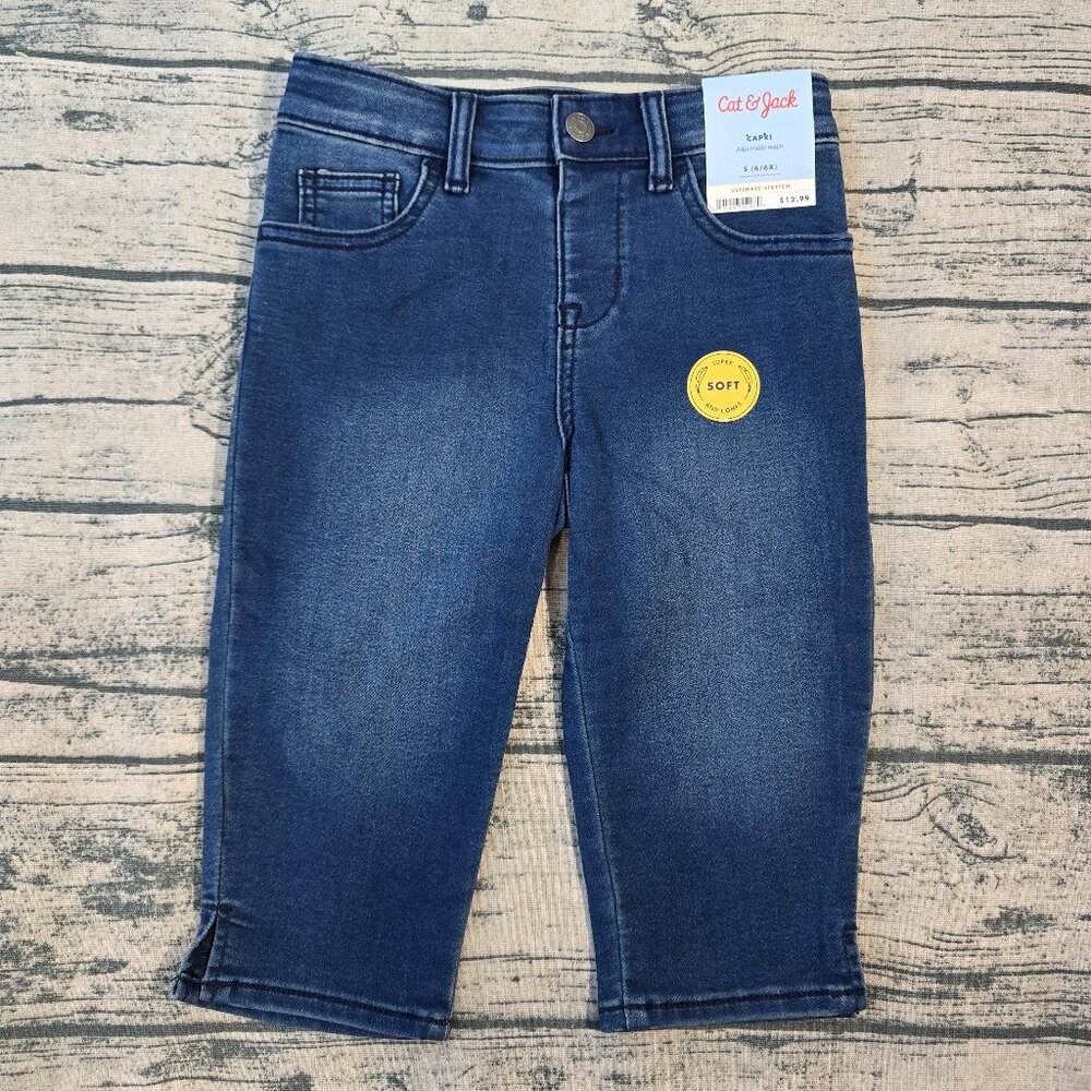 Girls Soft Jeggings Capris - Cat & Jack Dark Wash Adjustable Waist , Size S 6-6X